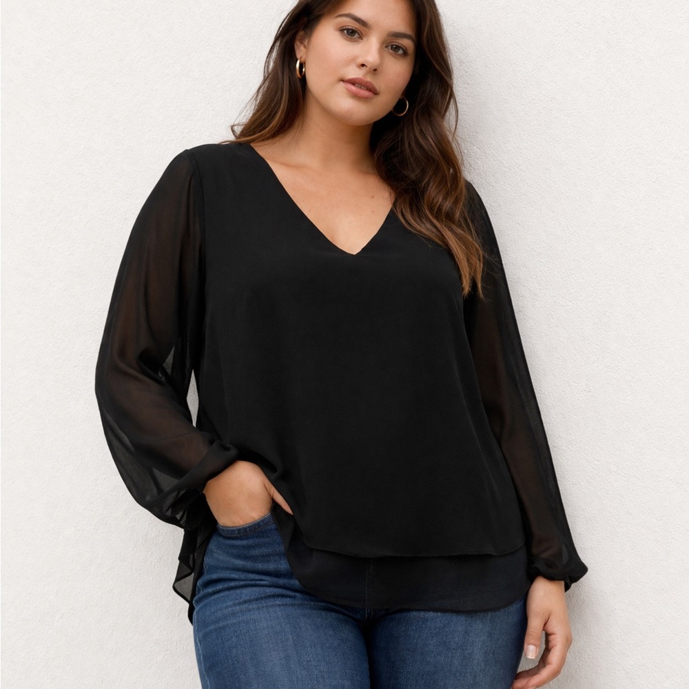 Torrid Black hi low‎ chiffon sheer, Long Sleeve Blouse M